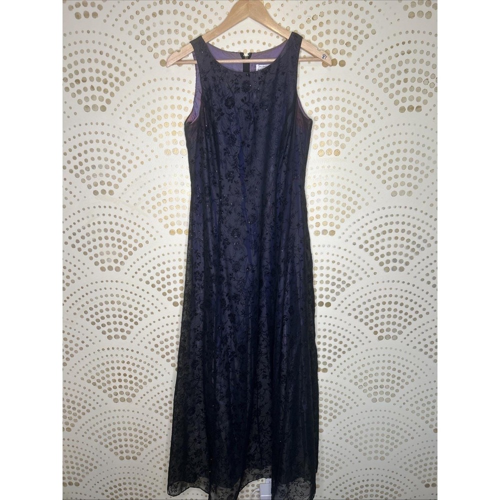 Vintage 90s 10P Goth Prom Dress Sheer Black Green/Purple Underlay Sparkle Flock